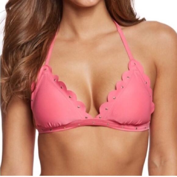 Kate Spade Coral Pink gold Stud Scalloped cruise Bikini top Swim sz S triangle - Picture 1 of 5